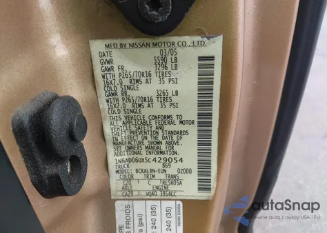 2005 Nissan Frontier Se z USA, uszkodzony, nr VIN 1N6AD06UX5C429054